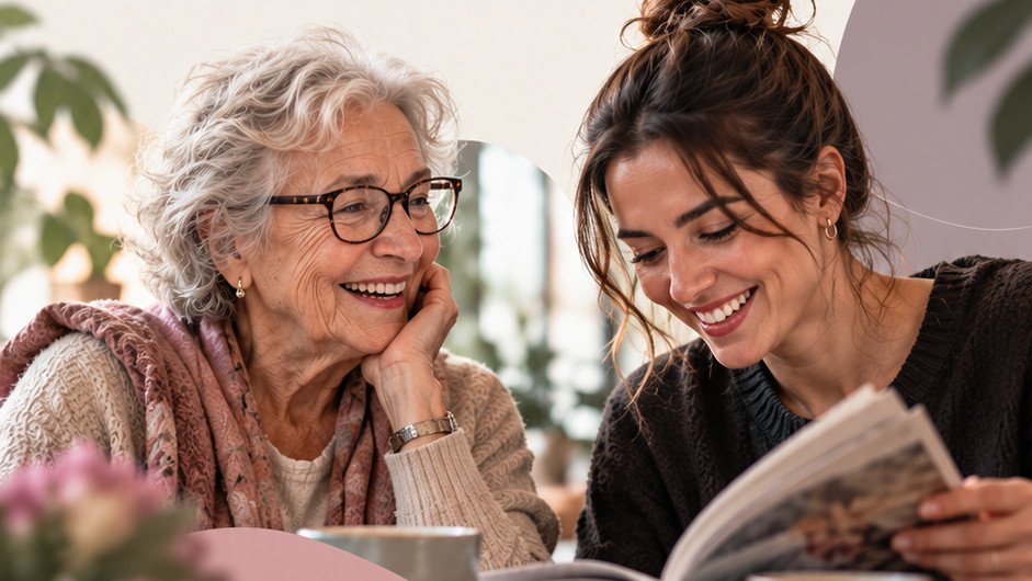 Uma senhora e uma mulher jovem sorriem enquanto leem juntas à mesa.